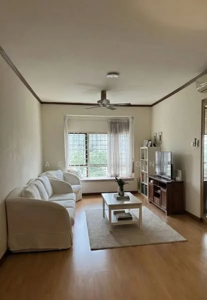 Living features: 3-seater fabric sofa in white, coffee table, TV console, wall-mounted TV, area rug with neutral color, ceiling fan, large window with sheer curtains, wooden flooring, decorative plant on table, built-in shelving unit; style: contemporary; view: city.