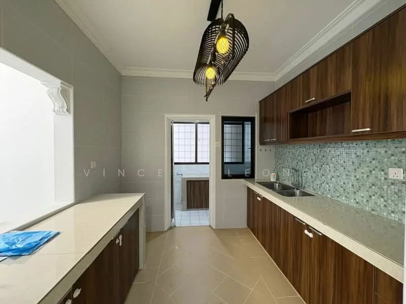 Kitchen features: brown wooden cabinetry, white quartz countertop, stainless-steel sink, chrome pull-down faucet, green mosaic tile backsplash, pendant light fixture, floor-to-ceiling window, tile flooring, open layout to adjacent room; style: modern. Room features: white tiled walls, window with grid pattern.