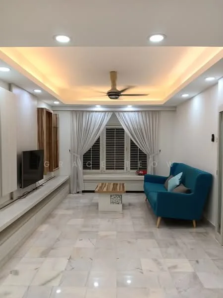 Living features: marble flooring, white painted walls, tray ceiling with recessed lighting, 5-blade ceiling fan with light, floor-to-ceiling windows with sheer curtains, TV console, wall-mounted TV, coffee table with wooden top, blue fabric sofa, decorative cushion; style: modern.