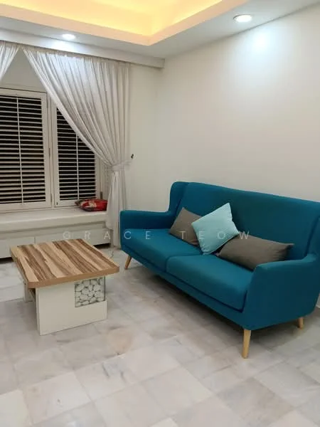 Living features: blue fabric sofa, wood coffee table with white base, marble flooring, white painted walls, recessed ceiling lights, floor-to-ceiling windows, sheer curtains, window seat with storage, decorative cushions; style: modern.