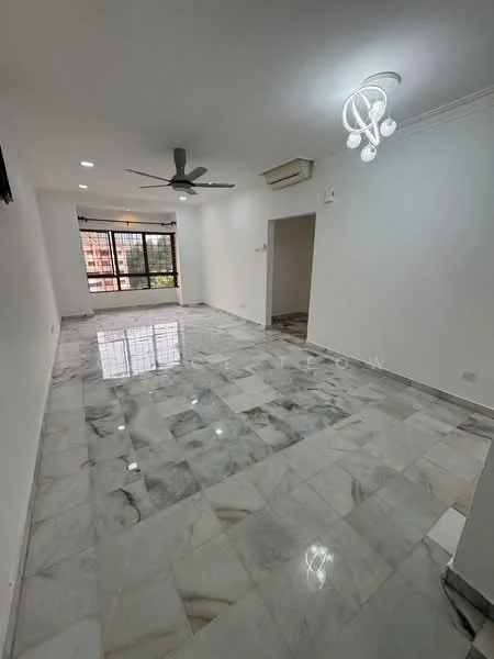 Living features: marble flooring, white painted walls, 5-blade ceiling fan with light, recessed LED downlights, large windows with city view, air conditioning unit, open layout, decorative light fixture; style: modern; view: city.