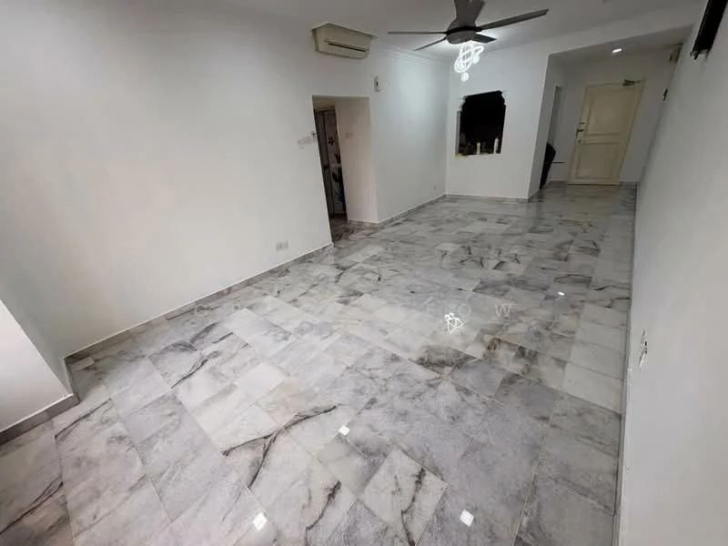 Room features: white painted walls, marble tile flooring, 5-blade ceiling fan with light, recessed downlights, doorway leading to another room, large windows, open layout, neutral color scheme; style: modern.