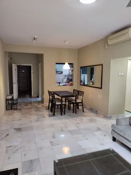 Living features: marble flooring, cream painted walls, recessed downlights, 5-blade ceiling fan, dining table with 4 chairs, framed mirror, open layout to kitchen, wall-mounted air conditioning unit; style: modern. Room features: white painted walls, doorway leading to hallway, doorway leading to kitchen.