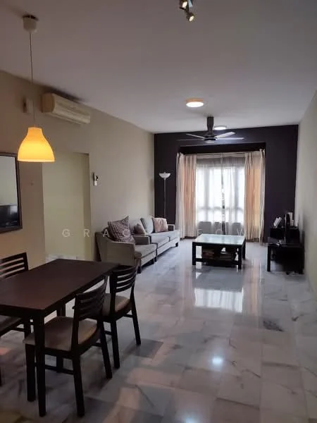 Living features: marble flooring, cream painted walls, dark accent wall, 5-blade ceiling fan with light, sofa in light grey fabric, coffee table, TV console, wall-mounted TV, floor-to-ceiling windows with sheer curtains, dining table for four, dining chairs with upholstered seats, lamp with white shade, recessed downlights; style: modern.