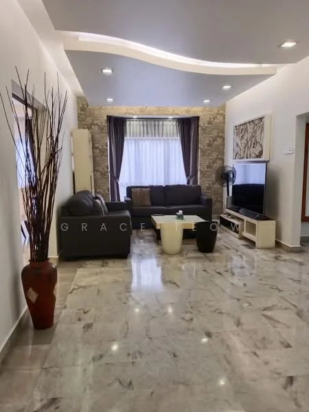 Living features: grey leather sofa, coffee table, wall-mounted TV, decorative vase with branches, marble flooring, stone accent wall, curtains, recessed lighting, ceiling with unique design; style: modern.