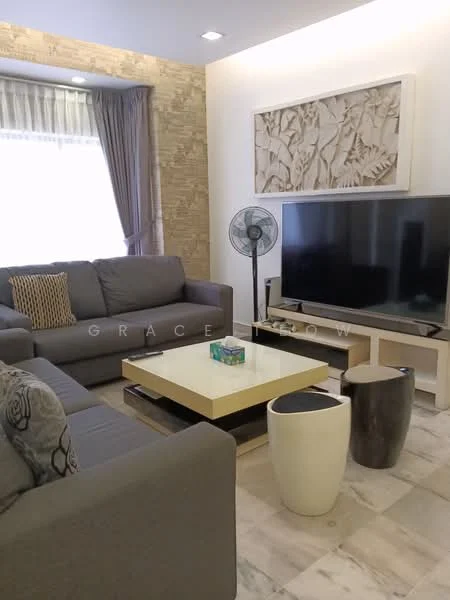 Living features: 3-seater fabric sofa in grey, 2-seater fabric sofa in grey, coffee table with white top and wooden base, TV console with white finish, wall-mounted TV, decorative wall art, floor fan, marble tile flooring, curtains in light grey, stone accent wall, area rug with geometric pattern; style: modern.