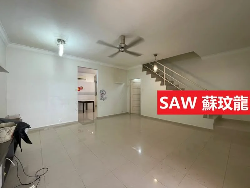 Living features: white painted walls, glossy tile flooring, 5-blade ceiling fan, staircase with metal railing, large window for natural light, open layout, neutral color scheme, no visible furniture; style: modern.