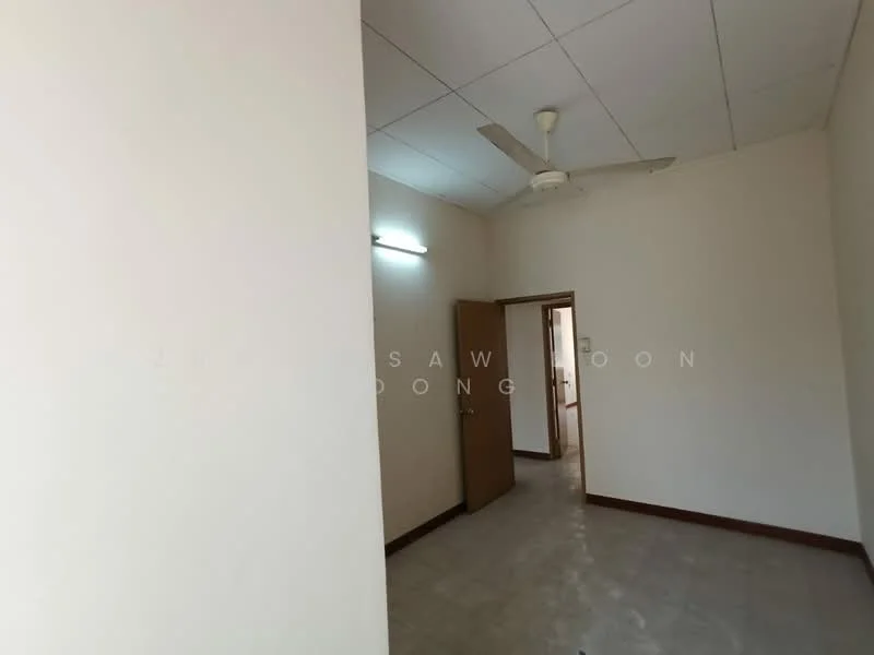 Room features: white painted walls, ceiling fan, tile flooring, door, light fixture, neutral color scheme, window, baseboard.