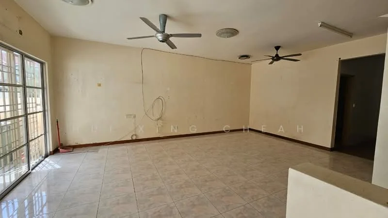 Living features: cream painted walls, tile flooring, 2 ceiling fans, floor-to-ceiling windows, sliding glass door, light fixtures on ceiling, no visible furniture, exposed electrical wiring.