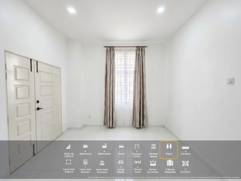 Room features: white painted walls, white tiled flooring, large window with sheer curtains, recessed LED downlights, double-door entrance, neutral decor, high ceiling, spacious layout; style: modern; view: garden.