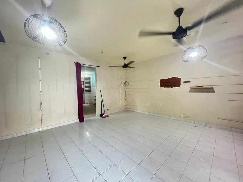 Living features: white painted walls, ceramic tile flooring, 2 ceiling fans, 2 pendant lights, window with no treatment, sweeping broom, open space layout, no visible furniture.