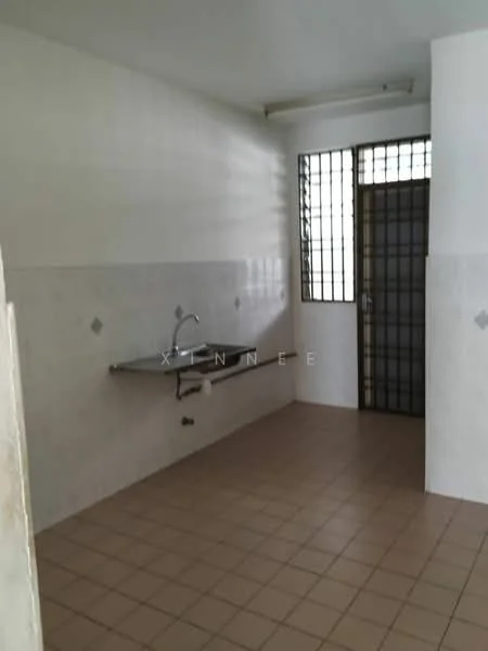 Room features: white painted walls, light grey tiled backsplash, brown tiled flooring, single-bowl stainless-steel sink, wall-mounted faucet, metal countertop, grill windows, door with security grill.