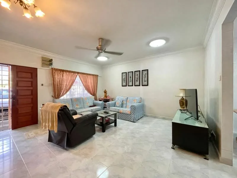 Living features: 3-seater fabric sofa in light blue, 2-seater fabric sofa in light blue, black coffee table, wall-mounted TV, ceiling fan, recessed ceiling light, cream painted walls, white tiled flooring, curtains in light brown, decorative wall art, wooden front door, air conditioning unit; style: modern.