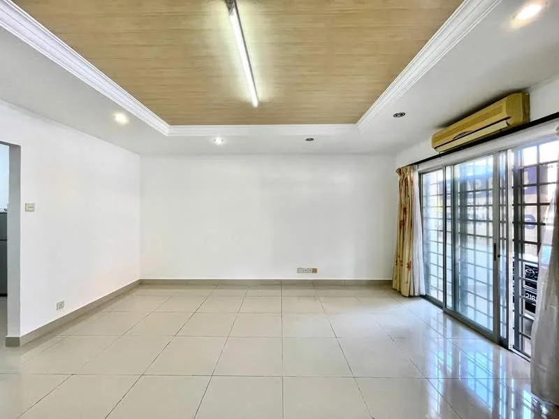 Living features: white painted walls, cream tiled flooring, tray ceiling with recessed lighting, floor-to-ceiling sliding glass door, curtains, wall-mounted air conditioning unit, crown moulding; style: modern.