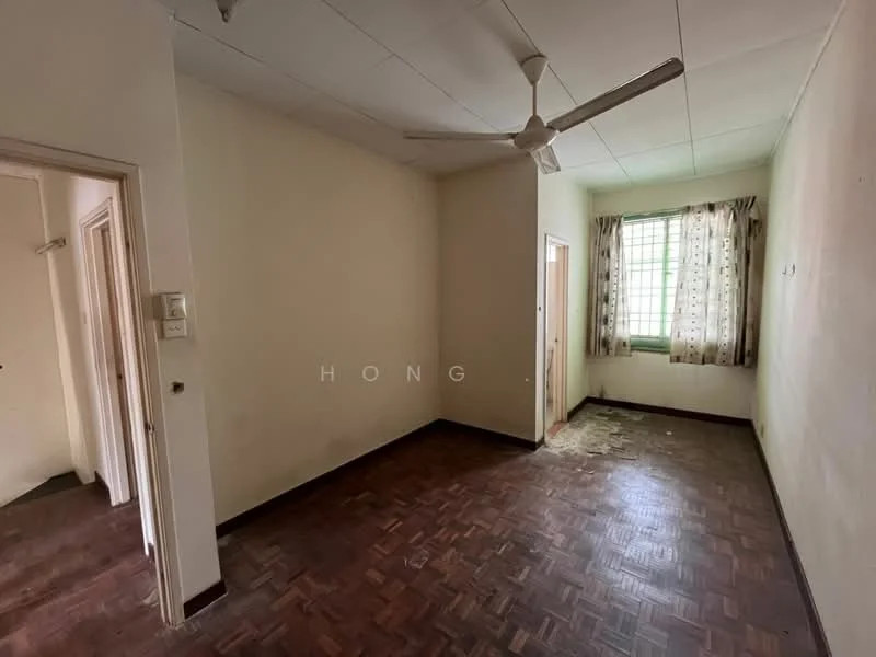 Room features: wooden flooring, white painted walls, ceiling fan, window with curtains, doorway leading to another room, doorway leading to hallway, natural light from window.