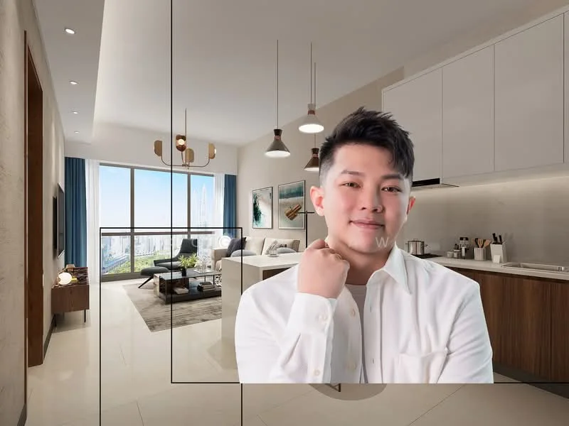 Living features: floor-to-ceiling windows, city skyline view, light grey walls, white ceiling, recessed downlights, pendant lights, 3-seater fabric sofa in light grey, coffee table, area rug, TV console, wall-mounted TV, decorative artwork, potted plants, open kitchen layout, kitchen island with bar stools; style: modern; view: city. Kitchen features: white cabinetry, stainless-steel appliances, single-bowl stainless-steel sink, chrome pull-down faucet, quartz countertop, tile backsplash, built-in oven, freestanding range oven, microwave; style: modern.