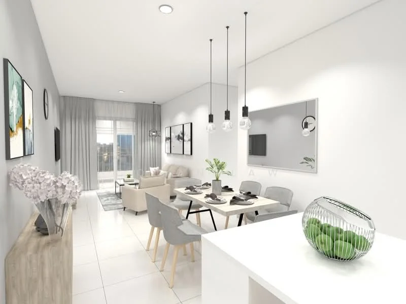 Living features: white painted walls, light grey accent wall, porcelain tile flooring, recessed downlights, 3-blade ceiling fan, floor-to-ceiling windows, sheer curtains, sofa in light beige fabric, coffee table, TV console, wall-mounted TV, 6-seater dining table, upholstered dining chairs in grey, decorative mirror, decorative vase with flowers, green decorative bowl; style: modern; view: city.