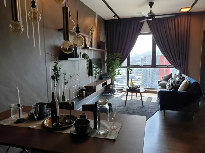 Living features: floor-to-ceiling windows, city view, grey accent wall, wood paneling, 5-blade ceiling fan with light, sofa in navy blue, coffee table, area rug, wall-mounted TV, decorative plants, shelves with decorative items, curtains in dark purple, dining table with place settings; style: modern.