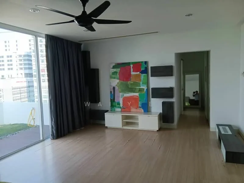 Living features: large floor-to-ceiling windows, grey curtains, wooden flooring, ceiling fan, wall-mounted TV console, decorative wall art, built-in shelving units, open layout, natural light, neutral wall color; style: modern; view: garden.