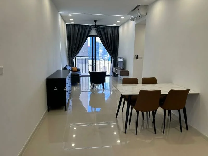 Living features: white painted walls, glossy tile flooring, 5-blade ceiling fan with light, floor-to-ceiling windows, grey curtains, black sideboard, white dining table, 4 brown dining chairs, black armchair, TV console, natural light from balcony; style: modern; view: city.