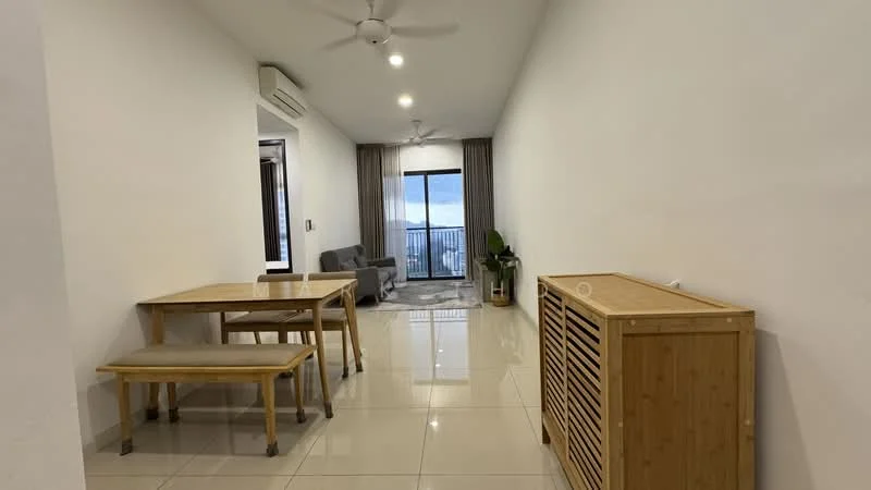 Living features: white painted walls, glossy tile flooring, 5-blade ceiling fan with light, sofa in grey fabric, coffee table, dining table with 4 chairs, large window with city view, curtains, indoor plant, air conditioning unit; style: modern; view: city.