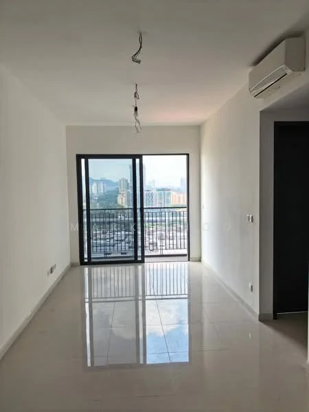 Room features: white painted walls, polished ceramic tile flooring, floor-to-ceiling windows, sliding glass door, 1 wall-mounted split AC, recessed downlights, city view, open layout; style: modern; view: city.