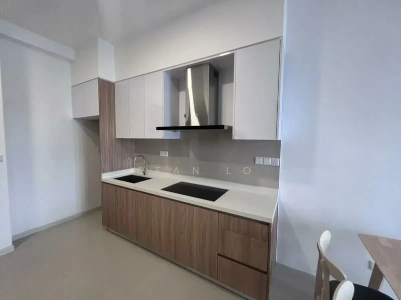 Kitchen features: white cabinetry with wood accents, stainless-steel range hood, black countertop, single-bowl stainless-steel sink, chrome pull-down faucet, built-in oven, ceramic tile backsplash, light-colored flooring, recessed downlights; style: modern.