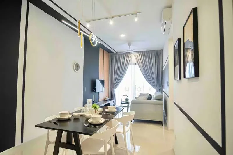 Dining features: dining table with 4 white chairs, decorative plant on table, white walls with black accent lines, polished tile flooring, recessed LED downlights, large window with sheer curtains, grey sofa in living area visible, wall-mounted artwork, air conditioning unit on wall; style: modern.