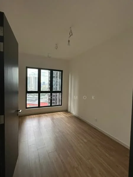 Room features: white painted walls, wooden flooring, floor-to-ceiling windows, recessed downlights, single light fixture, city view; style: modern; view: city.
