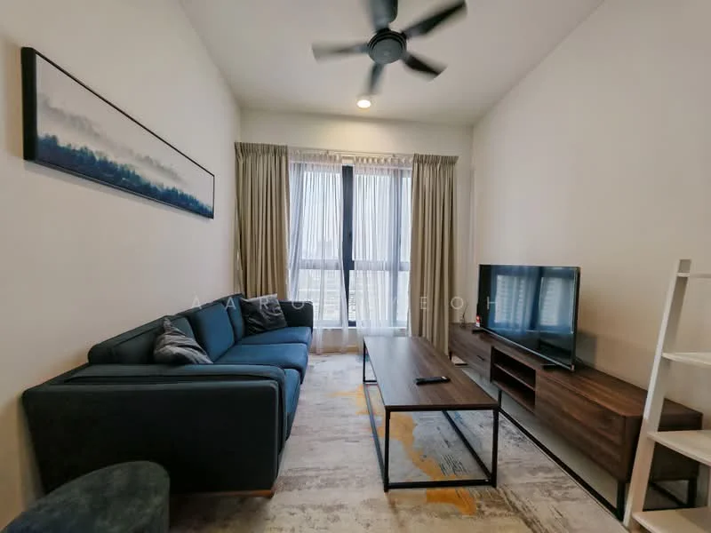Living features: 3-seater fabric sofa in dark blue, coffee table in wood finish, wall-mounted TV, TV console in wood finish, area rug with geometric pattern, floor-to-ceiling windows, sheer curtains, ceiling fan with light, decorative wall art, light-colored walls, laminate flooring; style: modern; view: city.