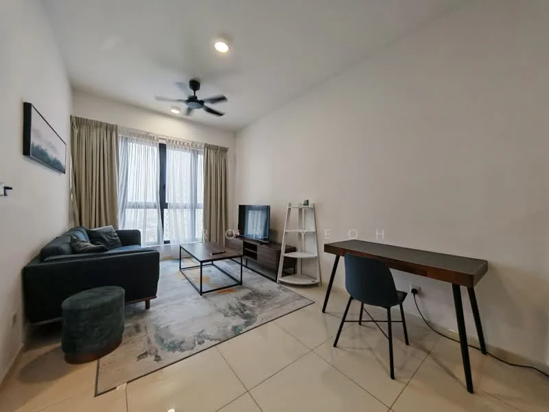 Living features: 3-seater fabric sofa in dark blue, coffee table with wooden top and metal legs, TV console, wall-mounted TV, area rug with abstract pattern, ceiling fan with light, floor-to-ceiling windows, curtains, decorative plant on shelf, study desk with chair, light-colored walls, glossy tile flooring; style: modern; view: city.