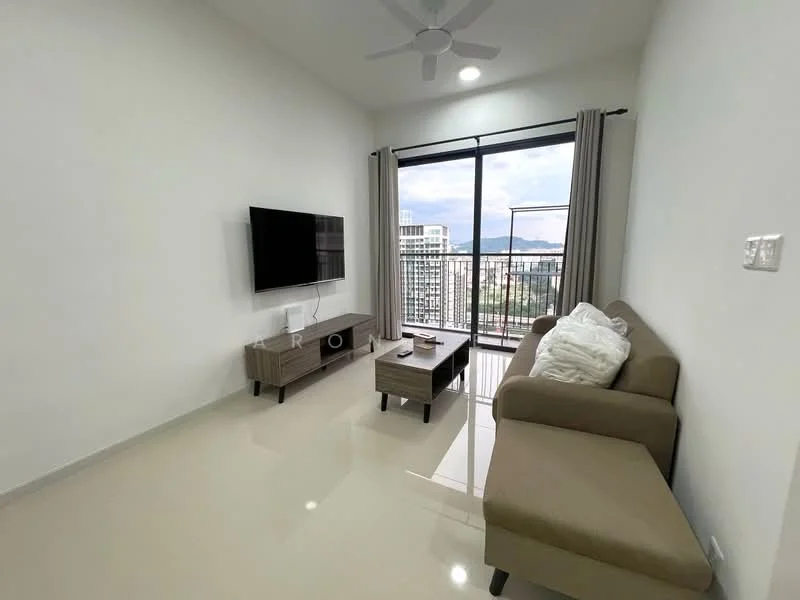 Living features: light grey fabric sofa, coffee table, wall-mounted TV, TV console, floor-to-ceiling windows, curtains, ceiling fan, white painted walls, glossy tile flooring, city view; style: modern; view: city.