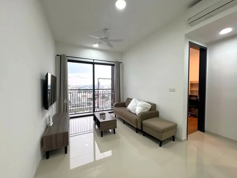 Living features: light grey painted walls, white ceiling, 5-blade ceiling fan with light, floor-to-ceiling windows, sliding glass door, brown fabric sofa, wood coffee table, TV console, wall-mounted TV, area rug, curtains, marble tile flooring; style: modern; view: city.