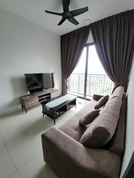 Living features: 3-seater fabric sofa in brown, coffee table, TV console, wall-mounted TV, floor-to-ceiling windows, sheer curtains, 5-blade ceiling fan, light-colored tiled flooring, decorative throw pillows, area rug; style: modern; view: city.