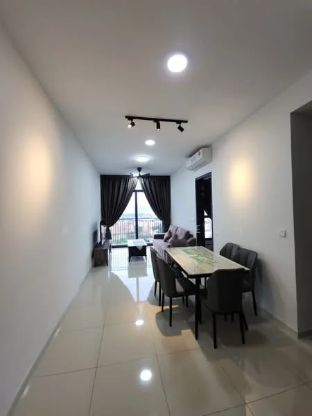 Living features: white painted walls, glossy tile flooring, recessed LED downlights, 5-blade ceiling fan with light, floor-to-ceiling windows, sliding glass door, dark curtains, sofa in light color, coffee table, dining table with 6 chairs, TV console, wall-mounted TV; style: modern; view: city.