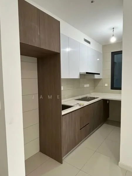 Kitchen features: white high-gloss upper cabinets, wooden lower cabinets, marble countertop, single-bowl stainless-steel sink, chrome pull-down faucet, built-in oven, ceramic tile backsplash, recessed downlights, grey ceramic tile flooring, window with black frame; style: modern.