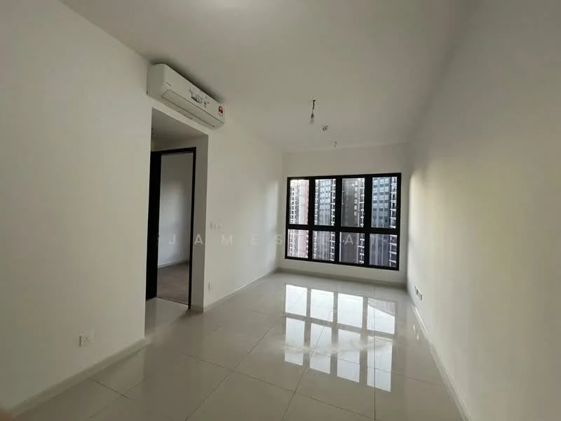 Room features: white painted walls, glossy tile flooring, floor-to-ceiling windows, 1 wall-mounted split AC, recessed downlights, neutral color scheme, no visible furniture, natural light from windows; style: modern; view: city.