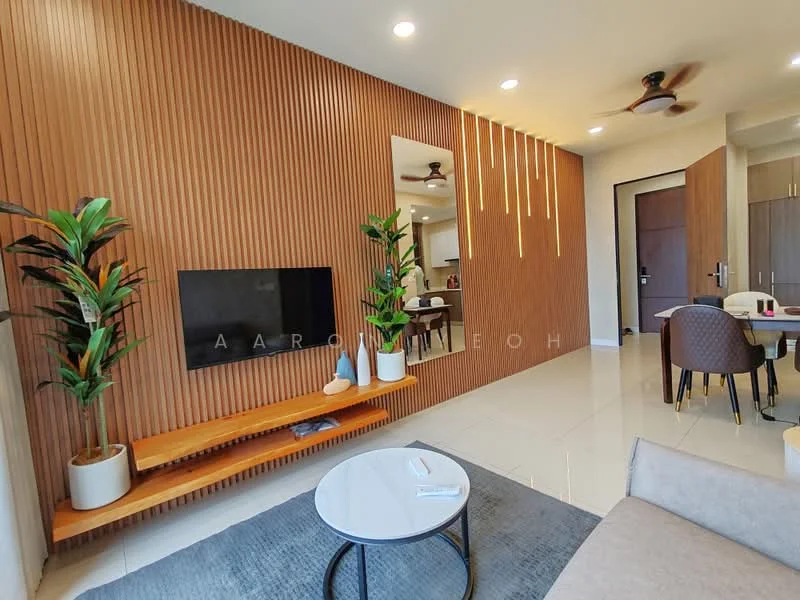 Living features: wood feature wall, flat-screen TV mounted on wall, light wood floating shelf, round coffee table with black base, grey area rug, ceiling fan with light, recessed downlights, decorative indoor plants, mirrored wall decor, dining area visible in background, white tiled flooring; style: modern.