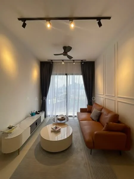 Living features: 3-seater leather sofa in brown, round coffee table with white surface, TV console with storage, floor-to-ceiling windows, sheer curtains, blackout curtains, 5-blade ceiling fan, recessed downlights, decorative wall paneling, area rug with geometric pattern; style: modern; view: city.