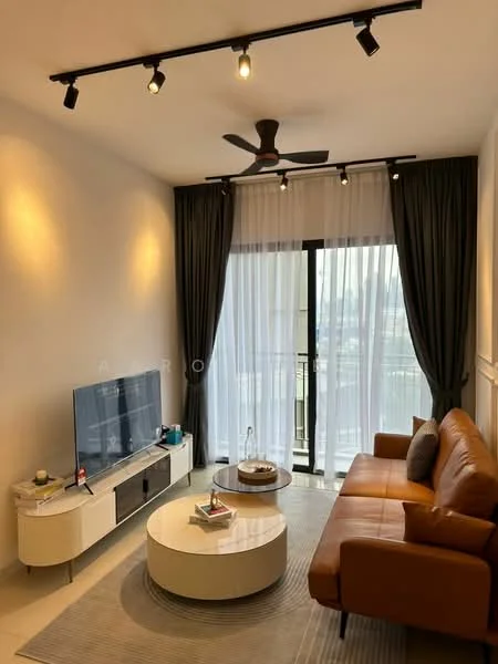 Living features: 3-seater leather sofa in brown, round coffee table, wall-mounted TV, TV console in white, floor-to-ceiling windows, sheer curtains, blackout curtains, 5-blade ceiling fan, recessed downlights, area rug, decorative items on coffee table; style: modern; view: city.