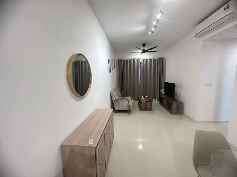 Living features: white painted walls, glossy tile flooring, 5-blade ceiling fan with light, recessed LED downlights, round mirror, wooden sideboard, fabric sofa in beige, wooden coffee table, curtains in grey, TV console, wall-mounted TV; style: modern.