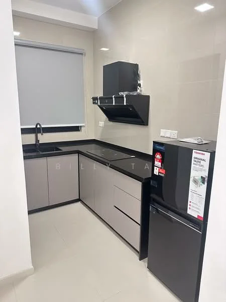 Kitchen features: black granite countertop, grey flat-panel cabinets, single-bowl stainless-steel sink, chrome pull-down faucet, built-in black range hood, black refrigerator, ceramic tile flooring, white painted walls, window with roller blinds; style: modern.