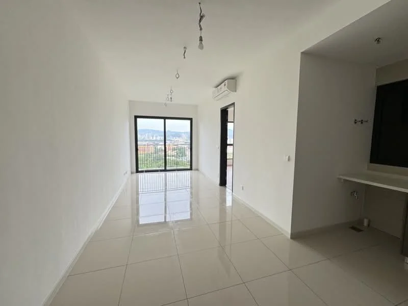 Living features: white painted walls, glossy tile flooring, floor-to-ceiling windows, sliding glass door, recessed downlights, 1 wall-mounted split AC, open layout, city view; style: modern; view: city.