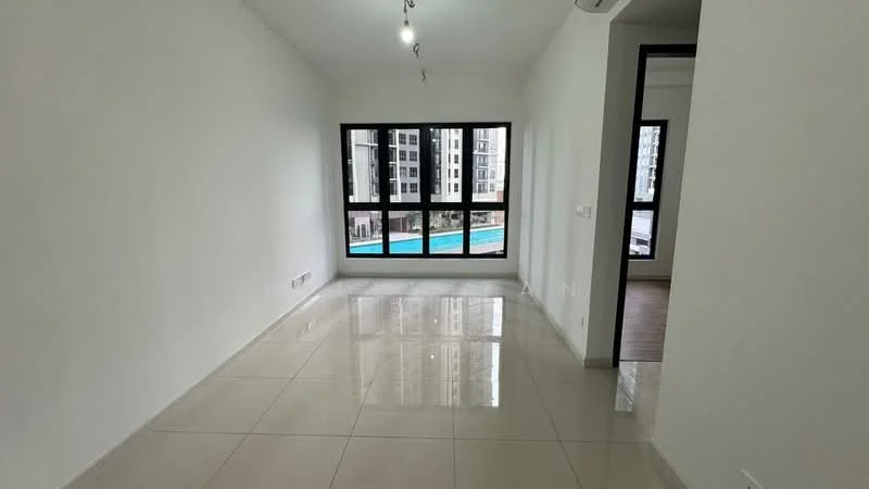 Living features: white painted walls, glossy ceramic tile flooring, floor-to-ceiling windows, natural light from windows, view of swimming pool, recessed downlights, open layout, neutral color scheme; style: modern; view: pool.