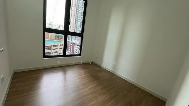 Room features: laminate wood flooring, white painted walls, floor-to-ceiling windows, black window frames, natural light from windows; style: modern.