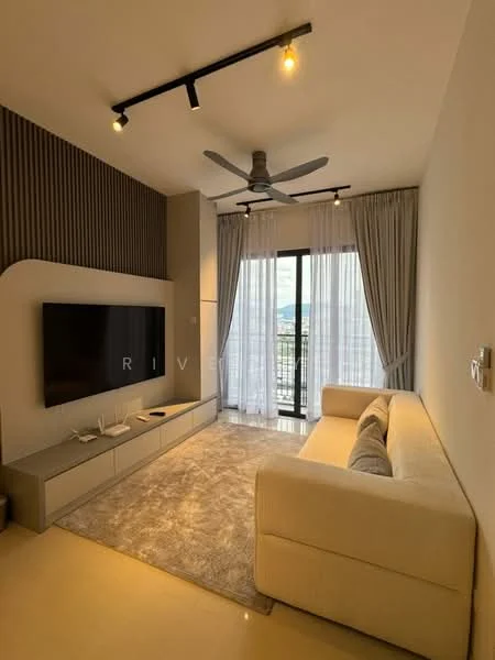 Living features: 3-seater fabric sofa in beige, wall-mounted TV, TV console, area rug with geometric pattern, ceiling fan with light, recessed downlights, floor-to-ceiling windows, sheer curtains, balcony view, decorative wall paneling, light-colored walls, light-colored flooring; style: modern; view: mountain.