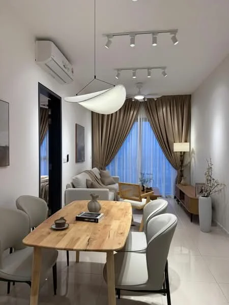 Dining features: wood dining table, 4 dining chairs in light grey, pendant light fixture, recessed LED downlights, cream painted walls, white tiled flooring, floor-to-ceiling windows with sheer curtains, decorative vase, wall-mounted cabinet, sofa in light beige, armchair in light wood, decorative artwork on walls, floor lamp; style: modern; view: city.