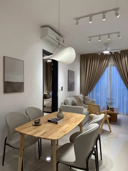 Dining features: wood dining table, 4 dining chairs, pendant light fixture, wall-mounted split AC, recessed LED downlights, framed artwork on walls, curtains, floor-to-ceiling windows, light-colored tiled flooring, decorative plant on table, sofa in adjacent living area; style: modern.