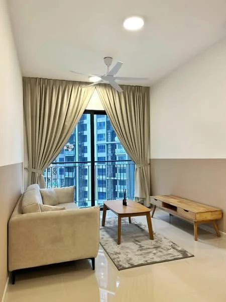 Living features: 3-seater fabric sofa in beige, wooden coffee table, area rug with geometric pattern, floor-to-ceiling windows, sheer curtains, 5-blade ceiling fan with light, light-colored walls, glossy tile flooring, wooden TV console; style: modern; view: city.
