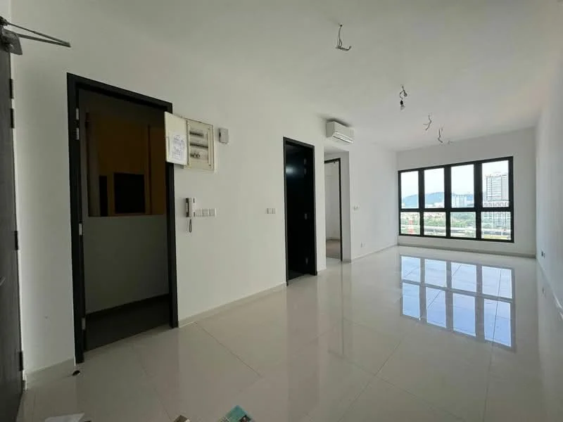 Living features: white painted walls, glossy ceramic tile flooring, floor-to-ceiling windows, mountain view, recessed downlights, 1 wall-mounted split AC, neutral decor, open layout, no visible furniture; style: modern; view: mountain. Room features: white painted walls, glossy ceramic tile flooring, doorway leading to another room, no visible furniture.
